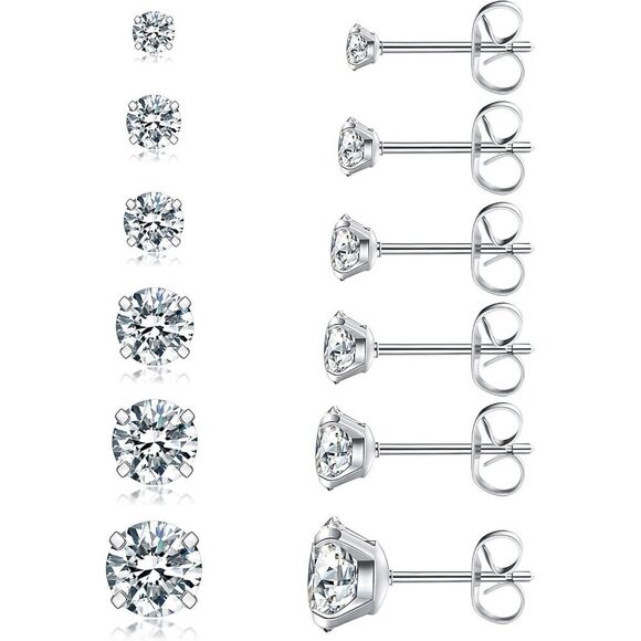 Jewelry - 6 Pairs Hypoallergenic CZ Stud Earrings Set - Stainless Steel, 3-8mm